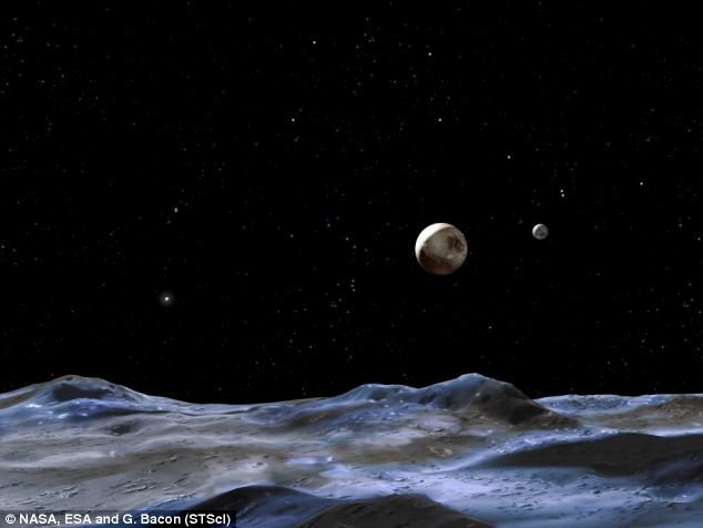 Так в представлении художника выглядят Плутон и его спутники. Плутон в центре. Харон меньший диск справа