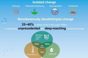Обширные регионы мирового океана переживают составное изменение океана, характеризующееся одновременным потеплением, изменением солёности, потерей кислорода и закислением.