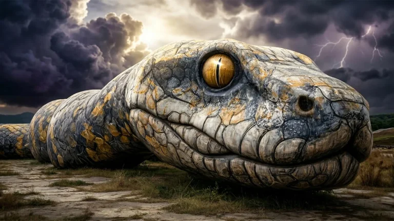 Колоссальная доисторическая змея Vasuki indicus, возможно, соперничала с крупнейшими змеями в истории, достигая в длину до 15 метров (50 футов). Ископаемые останки из Индии позволяют предположить, что она была медлительным хищником, поджидавшим добычу из засады, и принадлежала к широко распространённой древней линии змей. Источник: AI/ScienceDaily.com