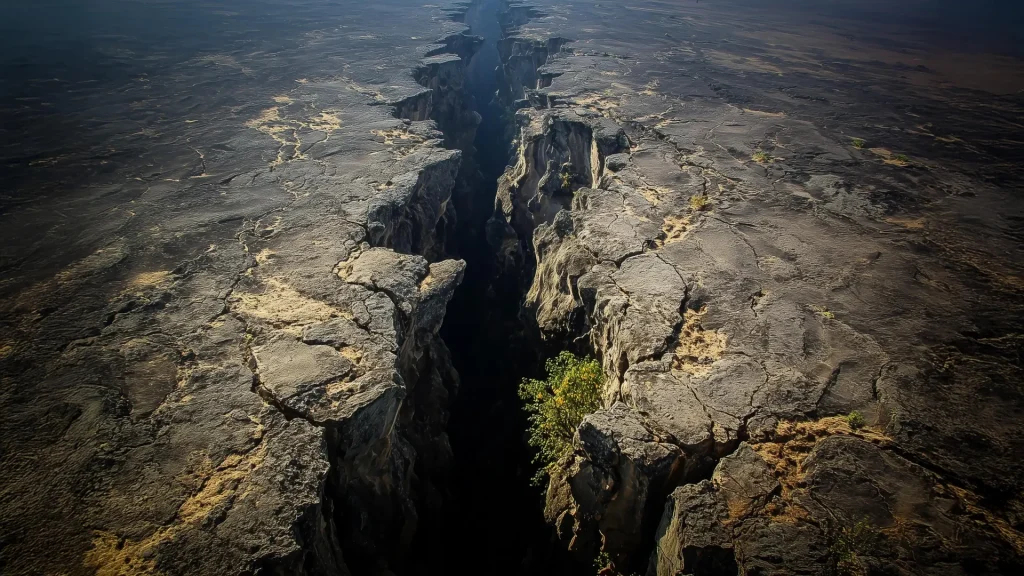 «Восточная Африка медленно раскалывается на части, поскольку кора рифта Туркана истончается до критической точки, что дает редкую возможность увидеть, как континенты разделяются. Источник: ИИ / ScienceDaily.com»