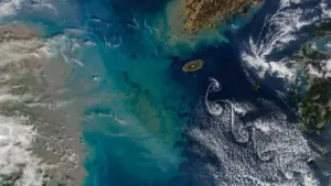 Спутниковый снимок февраля 2026 года. Над Восточно-Китайским морем — вихри Кармана и гигантский шлейф осадков. На фото — часть Китая (слева), Южная Корея (вверху справа) и Япония (справа). Источник: NASA/Terra/MODIS.