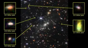 Это изображение, полученное телескопом JWST, стало первым из опубликованных. На нём показано скопление галактик SMACS 0723 и некоторые его члены. Одним из первых открытий телескопа стало то, что ранние галактики уже через несколько сотен миллионов лет после Большого взрыва оказались массивнее, чем мы можем объяснить. Новое исследование показывает, что эти галактики, ломающие теории, были ещё массивнее. Источник: NASA, ESA, CSA, STScI / Giménez-Arteaga et al. (2023), Peter Laursen (Cosmic Dawn Center).
